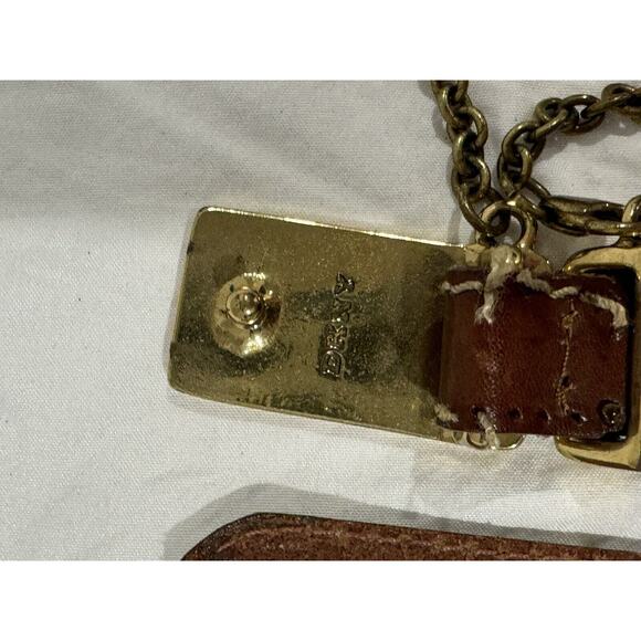 Vintage DKNY Brown Leather Skinny Belt With Brass Chain Detail Size Small Italy